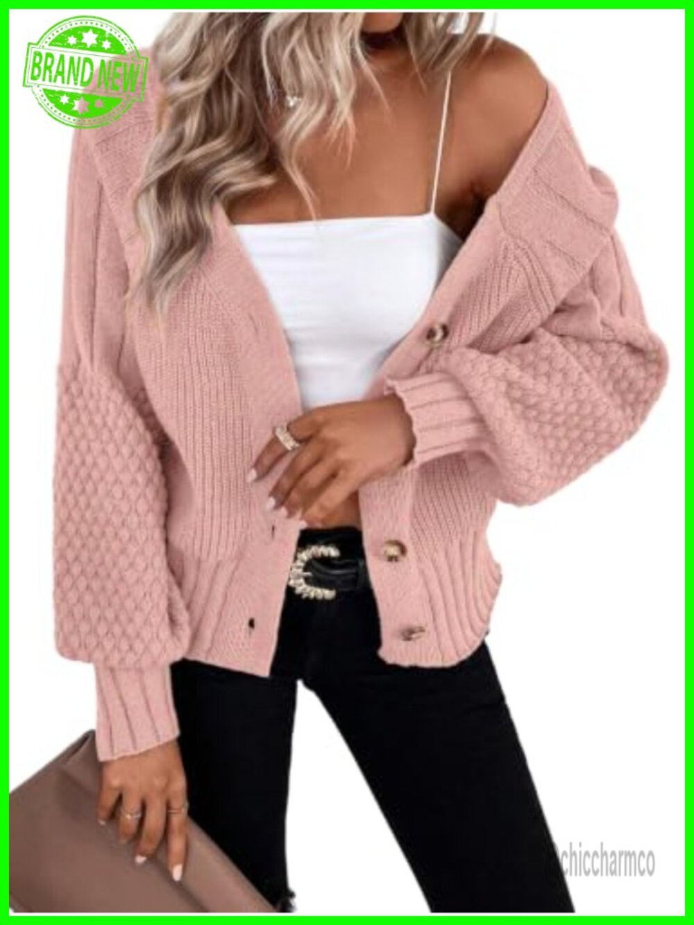 V Neck Oversized Chunky Knit Cardigan Bishop Sleeve Button Up Sweater